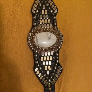 Studded Black leather Bracelet/cuff with Marble Accent stone